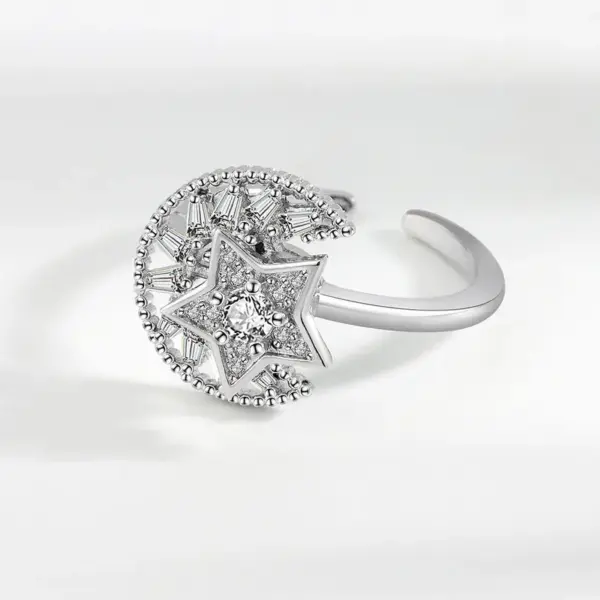 Fashion Golden Star Moon Zircon Rotating Copper Open Ring