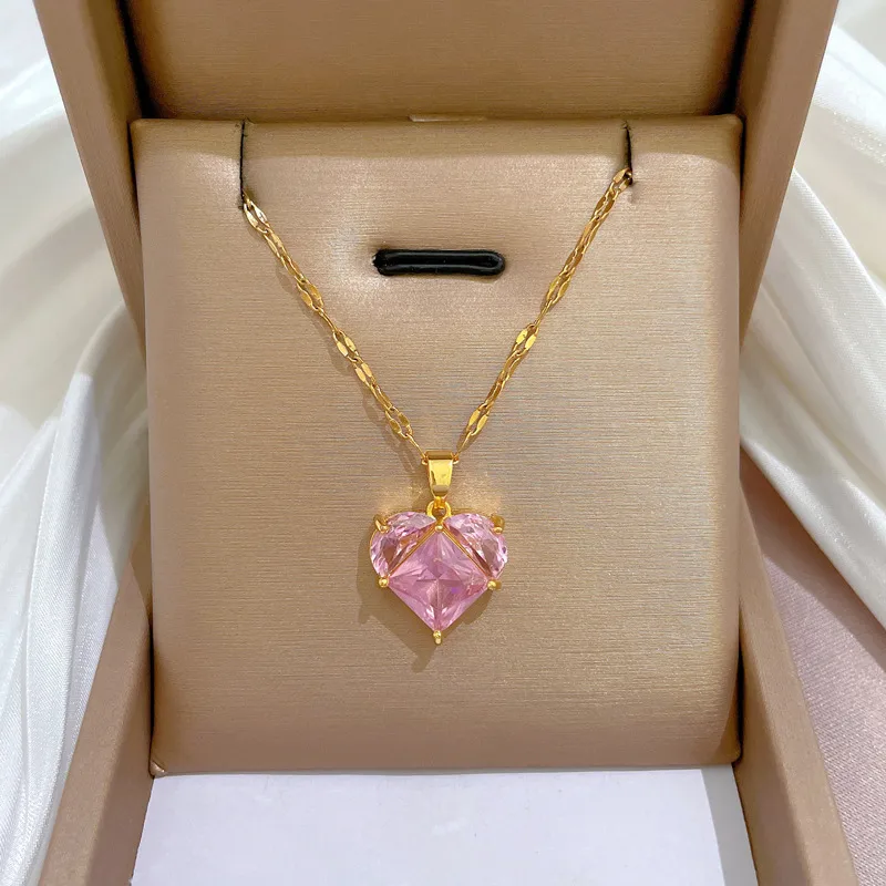 Wholesale Simple Style Heart Shape Titanium Steel Copper Inlay Zircon Necklace