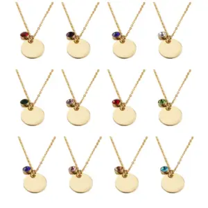 Wholesale Mirror Finish Stainless Steel Pendant Necklace Simple Personalized Round Disc Birthstone Charm Jewelry Accessory