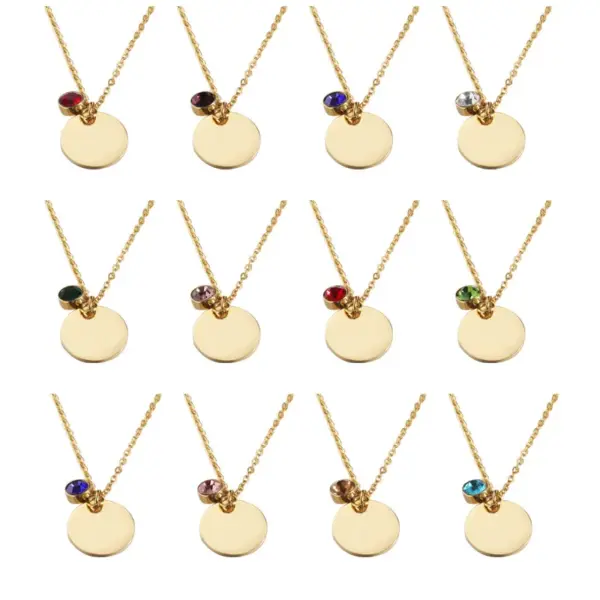 Wholesale Mirror Finish Stainless Steel Pendant Necklace Simple Personalized Round Disc Birthstone Charm Jewelry Accessory