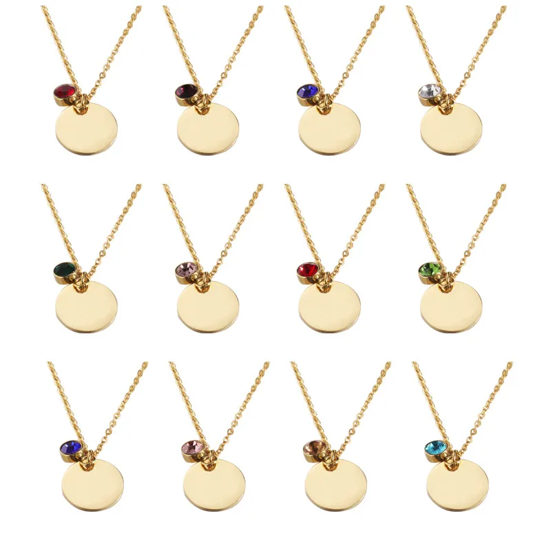 Wholesale Mirror Finish Stainless Steel Pendant Necklace Simple Personalized Round Disc Birthstone Charm Jewelry Accessory