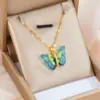 Wholesale 304 Stainless Steel Butterfly Vacuum Plating Artificial Gemstones 18K Real Gold Plated Sweet Inlay Pendant Necklace