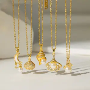 304 Stainless Steel 18K Gold Plated Casual Simple Style Polishing Plating Inlay Conch Shell Artificial Rhinestones Plastic Pendant Necklace