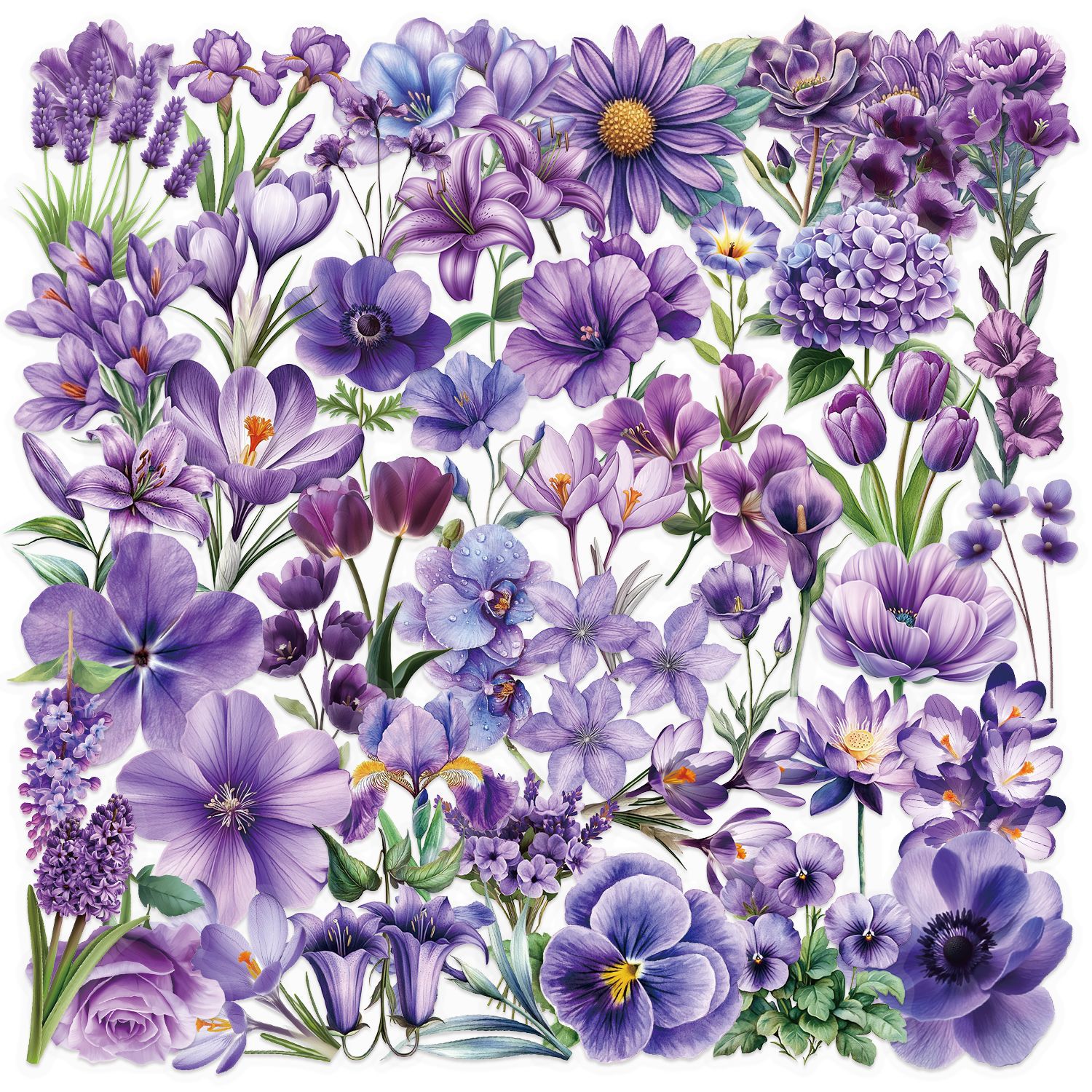 Wholesale 50 Sheets Transparent Cartoon Purple Flower Sticker Pack Waterproof Transparent PET Hand Aount Material Decorative Guitar Notebook