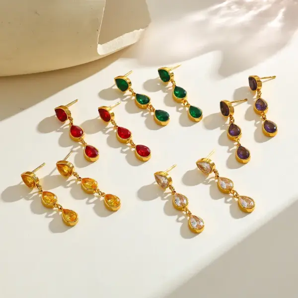 Wholesale 18K Gold Plated Stainless Steel Zirconia Tear Drop Multi-Pendent Earrings Elegant Casual Fashion Jewelry For Women