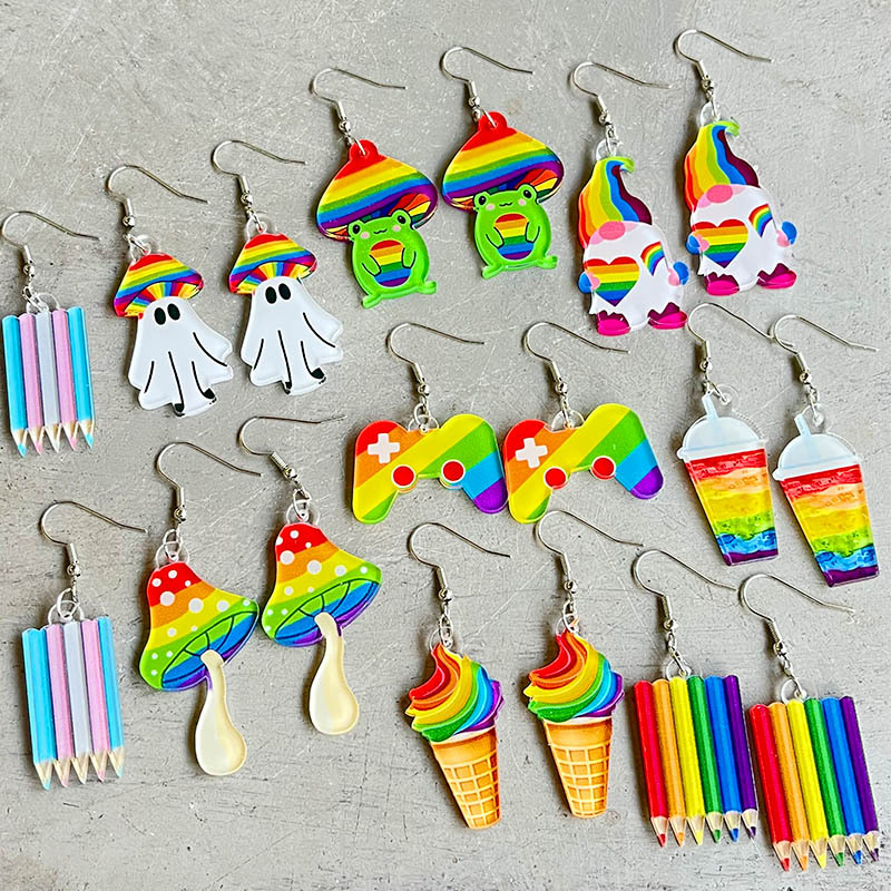 Wholesale Cross Border Earrings Amazon Rainbow Game Mushroom Elf Summer ink Colored Pen Acrylic Fun Earrings