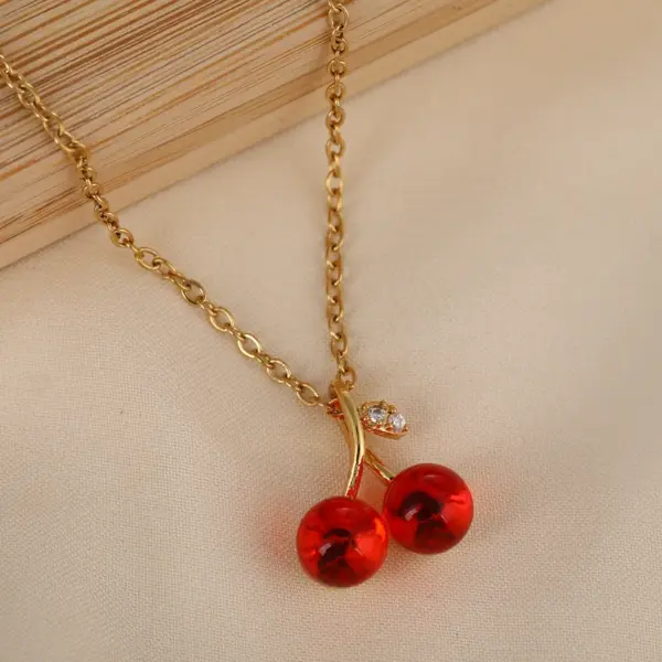 Wholesale Jewelry Casual Elegant Cute Cherry Titanium Steel Pendant Necklace Cable Chain