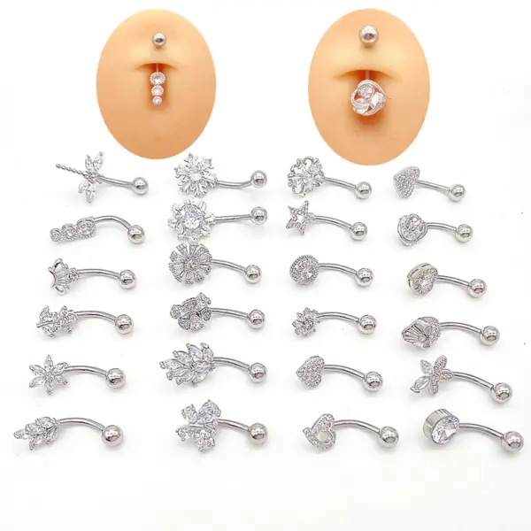 Basic Retro Heart Shape Flower Butterfly Stainless Steel Inlay Zircon Belly Ring