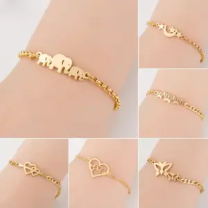 Wholesale PVD Coated Real Gold Plated Heart Butterfly Elephant Stainless Steel Fashion Waterproof Non Tarnish Bracelets