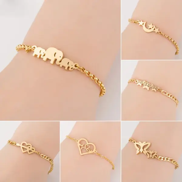 Wholesale PVD Coated Real Gold Plated Heart Butterfly Elephant Stainless Steel Fashion Waterproof Non Tarnish Bracelets