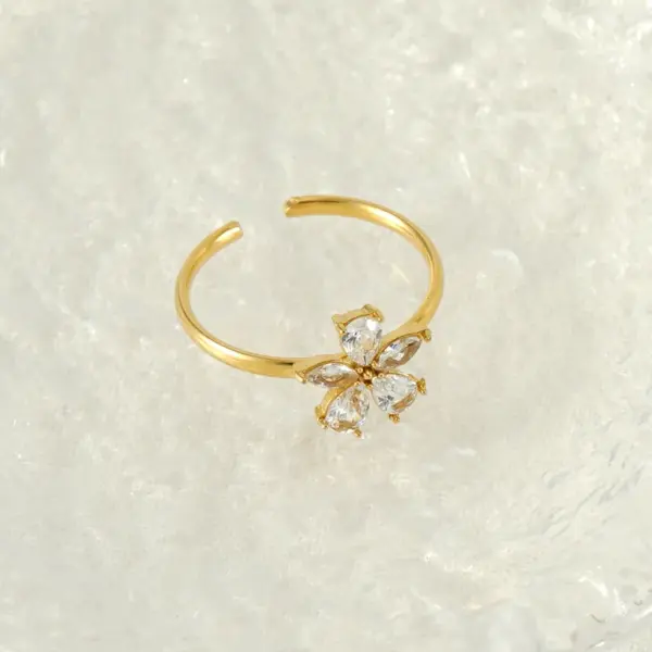 Wholesale PVD Coated 18K Gold Plated Flower 304 Stainless Steel Elegant Waterproof Non Tarnish Open Rings