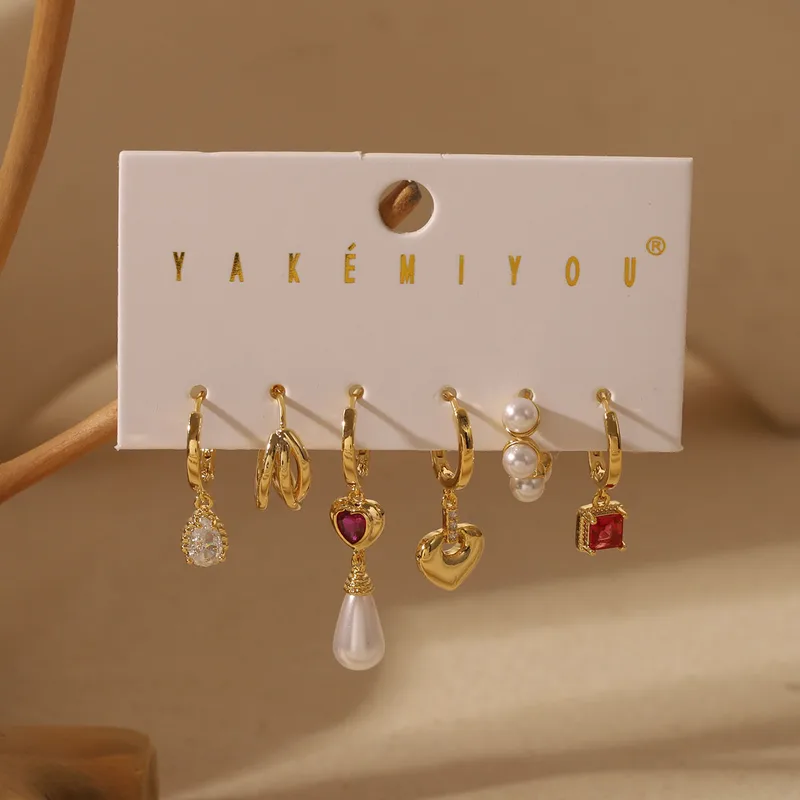 Wholesale 1 Set Yakemiyou Modern Style Water Droplets Red Heart Solid Color Inlay Copper Artificial Pearls Zircon 14K Gold Plated Earrings