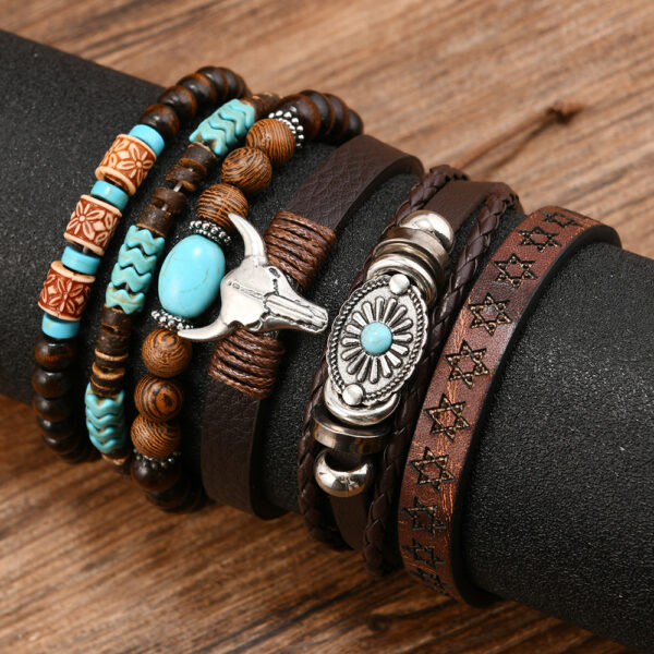 oly-b02b27c7d59bb589a79a849997a8cd1f Wholesale Cross-border New European and American Western Denim Style Leather Cow Tau Pine Stone Chicken Wings Coconut Shell Men's 6-piece Bracelet