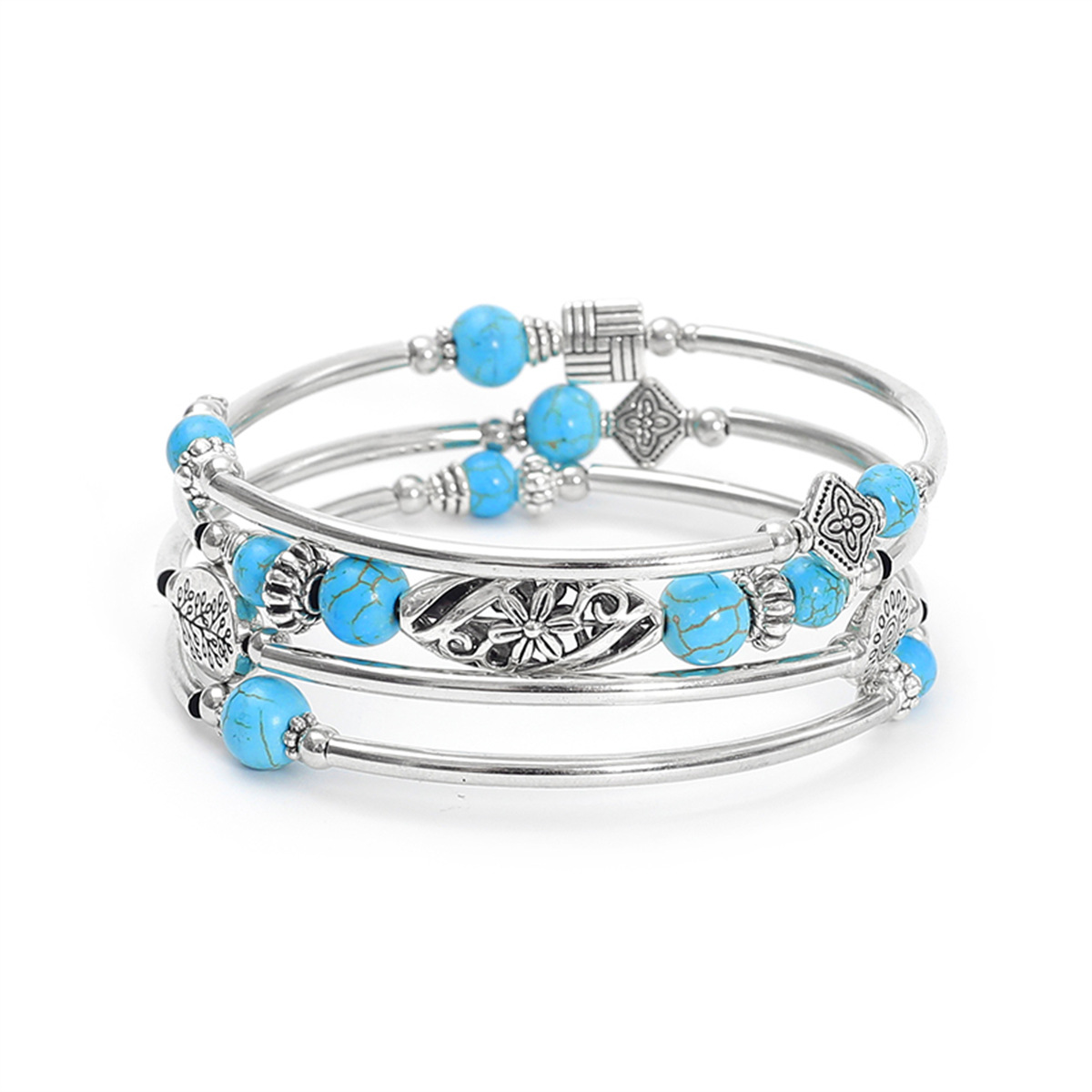 Wholesale Bohemian multi-layer turquoise wrapped four-layer natural stone beaded bracelet