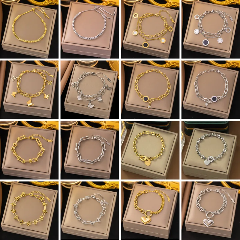 Wholesale Simple Style Classic Style Geometric Heart Shape Butterfly Titanium Steel Cuban Link Chain Curb Chain Cable Chain Bracelets In Bulk