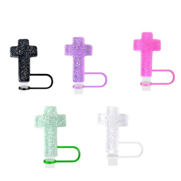 Wholesale Transparent glitter cross resin straw cap accessories ice cup dustproof food grade silicone glass straw cap span