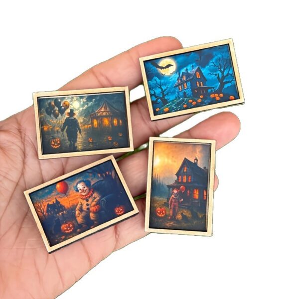 Wholesale 4-piece miniature Halloween dollhouse art clown haunted house 1:12 scale ghost wall art