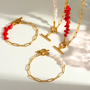 Wholesale Artistic Stainless Steel 18K Gold Plated Natural Pearl Beaded Necklace Bracelet Set Elegant Luxury Women's Jewelry Accessories