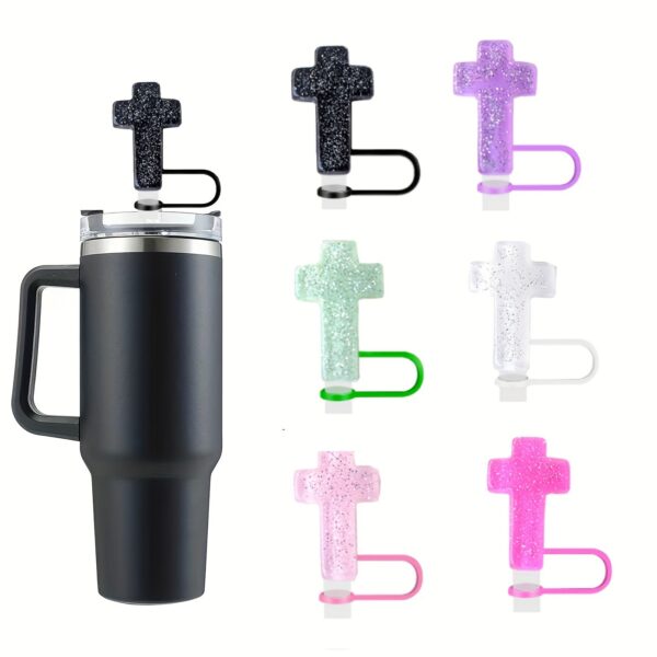 Wholesale Transparent glitter cross resin straw cap accessories ice cup dustproof food grade silicone glass straw cap span