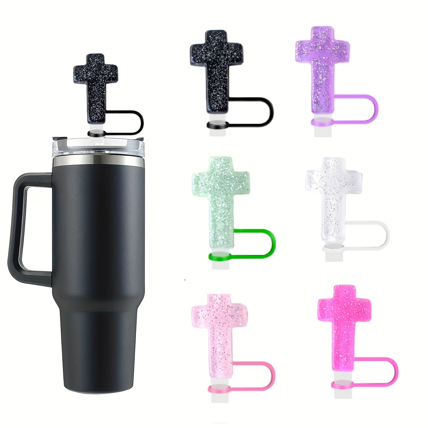 Wholesale Transparent glitter cross resin straw cap aessories ice c dustproof food grade silicone glass straw cap span
