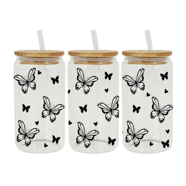 Wholesale UV transfer sticker for fluttering butterflies on glass cups, 16oz crystal glass cup.