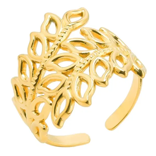 Wholesale PVD Coated Real Gold Plated Leaf 304 Stainless Steel Hip-Hop Waterproof Non Tarnish Open Ring