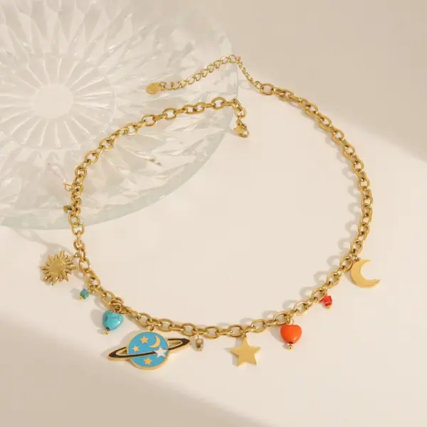 Wholesale Jewelry Exaggerated IG Style Planet Moon Heart Shape 304 Stainless Steel 18K Gold Plated Pendant Necklace Cable Chain