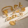 Wholesale 304 Stainless Steel Starfish Hippocampus Shell PVD Coated Artificial Pearls 18K Real Gold Plated Real Gold Plated Vacation Simple Style IG Style Waterproof Non Tarnish Scallop Inlay Gold Rings Earrings Necklace