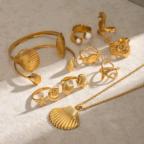 Wholesale 304 Stainless Steel Starfish Hippocampus Shell PVD Coated Artificial Pearls 18K Real Gold Plated Real Gold Plated Vacation Simple Style IG Style Waterproof Non Tarnish Scallop Inlay Gold Rings Earrings Necklace