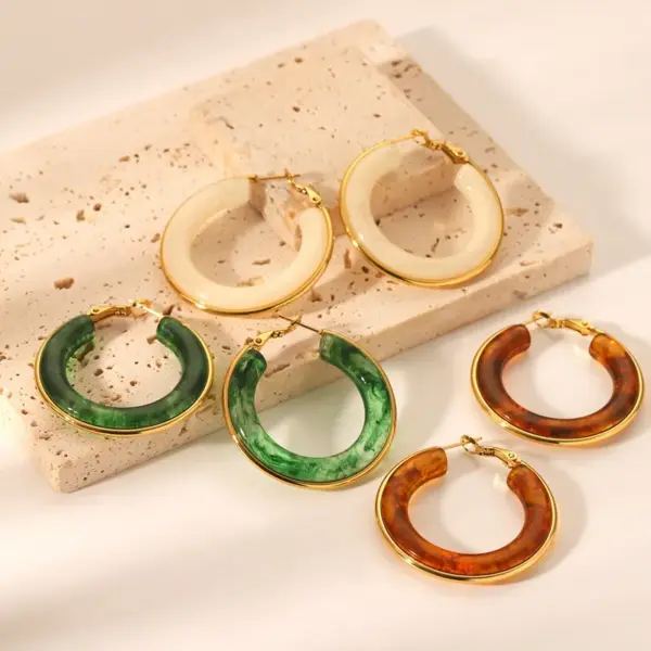 Wholesale 304 Stainless Steel Resin Circle Resin Real Gold Plated Exaggerated Streetwear Earrings