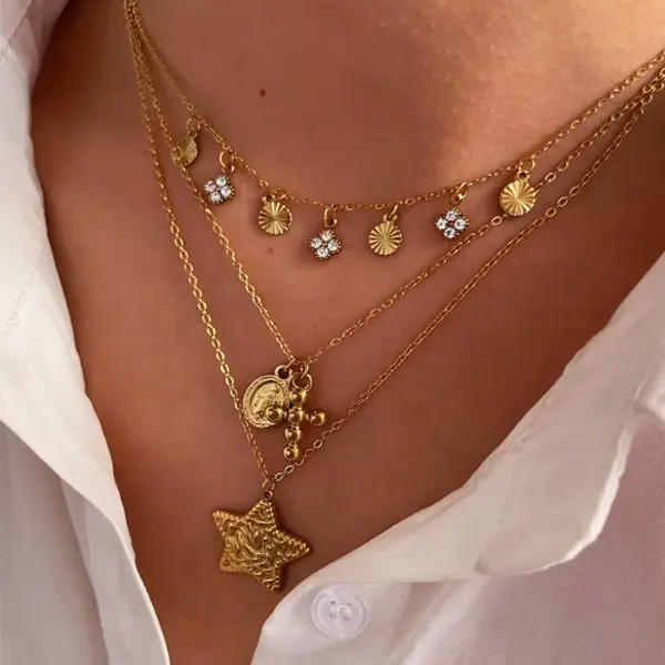 316 Stainless Steel Pentagram Geometric PVD Coated Rhinestones Real Gold Plated Simple Style Commute Waterproof Non Tarnish Surgical Steel Inlay Cable Chain Lobster Trigger Clasp Closure Gold Pendant Necklace