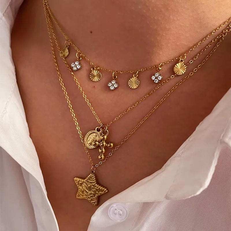 Wholesale 316 Stainless Steel Pentagram Geometric PVD Coated Rhinestones Real Gold Plated Simple Style Commute Waterproof Non Tarnish Surgical Steel I