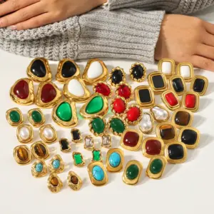 304 Stainless Steel Inlaid Natural Stone Irregular Shape Stud Earrings Plated 18K Real Gold Zircon Pearl Vintage Earrings