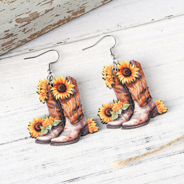 Wholesale Cross-border New Western Spring Summer Sunflower Flower Denim Boots Pendant Earrings Wooden Double-sided Earrings