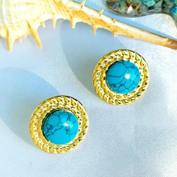 Wholesale 1 Pair Retro Round Inlay 304 Stainless Steel Natural Stone Ear Studs