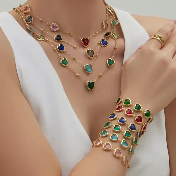 Wholesale 304 Stainless Steel Heart Glass Stone Zircon Earrings Heart Multicolor Vacuum Plating Chain Necklace Bracelet
