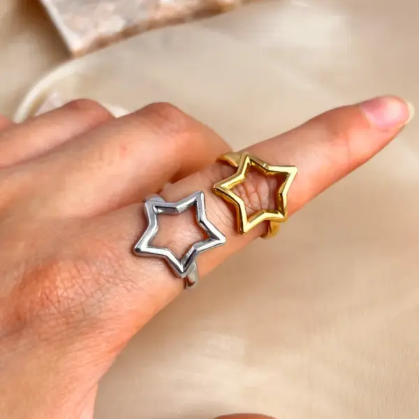 Wholesale PVD Coated Real Gold Plated 18K Gold Pentagram 201 Stainless Steel Casual Retro Simple Style Waterproof Non Tarnish Adjustable Ring