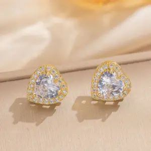 8852 Gold and White Love Heart Stud Earrings