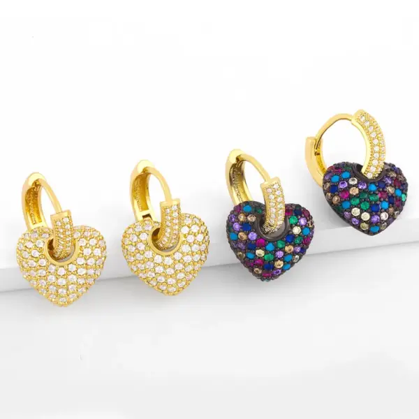 Wholesale Fashion Heart Inlaid Zircon Copper Artificial Gemstones 18k Gold Plated Earrings