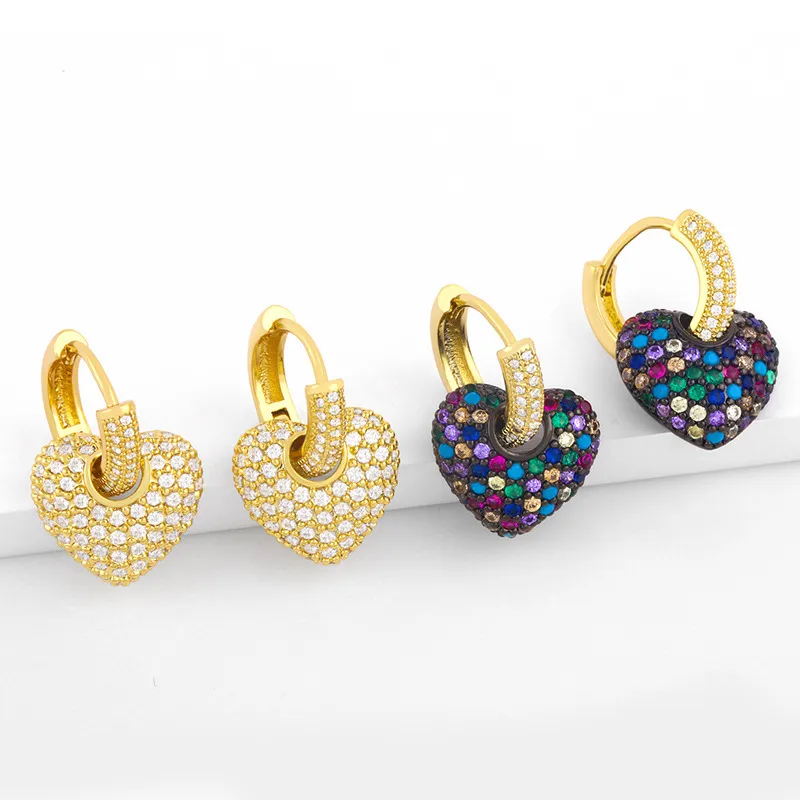 Wholesale Fashion Heart Inlaid Zircon Copper Artificial Gemstones 18k Gold Plated Earrings