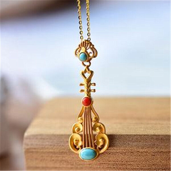 Wholesale Hot Selling Lao Thailand Saujin Inlaid Turquoise South Red Personalized Pipa Pendant Harp Pendant Temperament Clavicle Chain