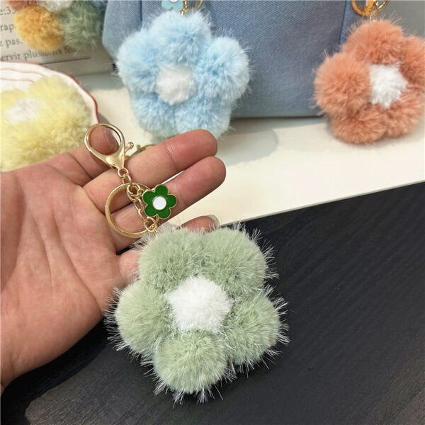 Wholesale Cherry blossom fur ball car keychain small fresh colorful plush small flower mobile phone ornaments flower bag pendant gift