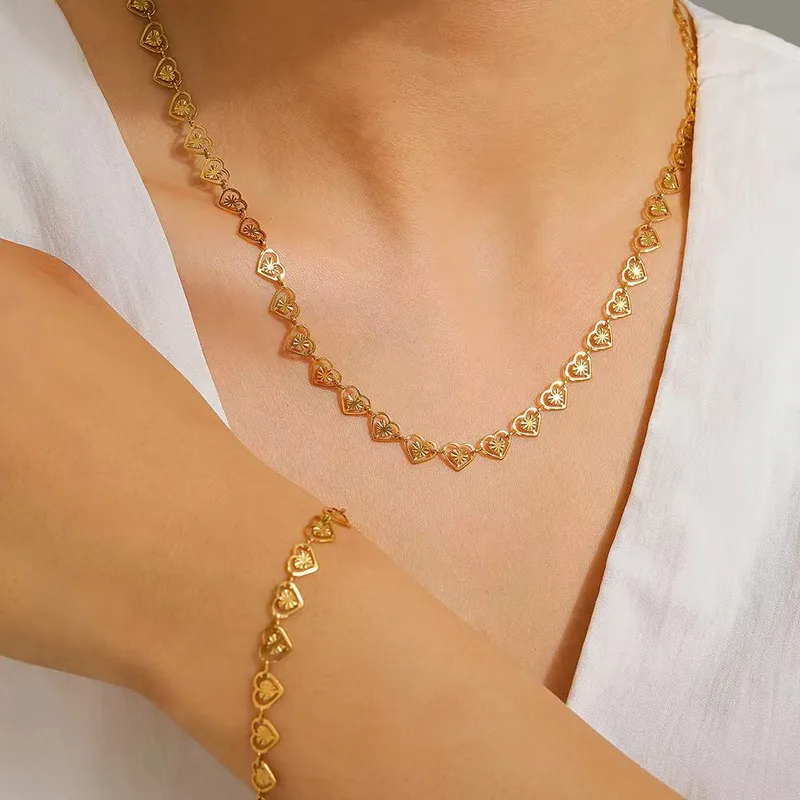 Wholesale Ion Plating (IP) 18K Gold Plated Heart Shape 304 Stainless Steel Princess Sweet Simple Style Waterproof Non Tarnish Bracelets Necklace