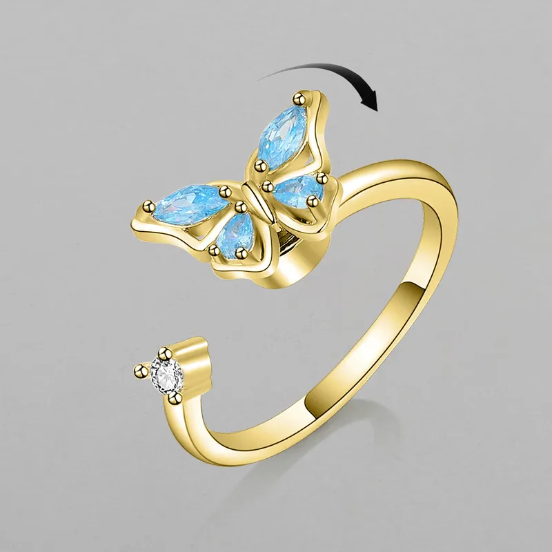 Wholesale Korean Copper Micro-inlaid Zircon Color Butterfly Rotating Open Ring