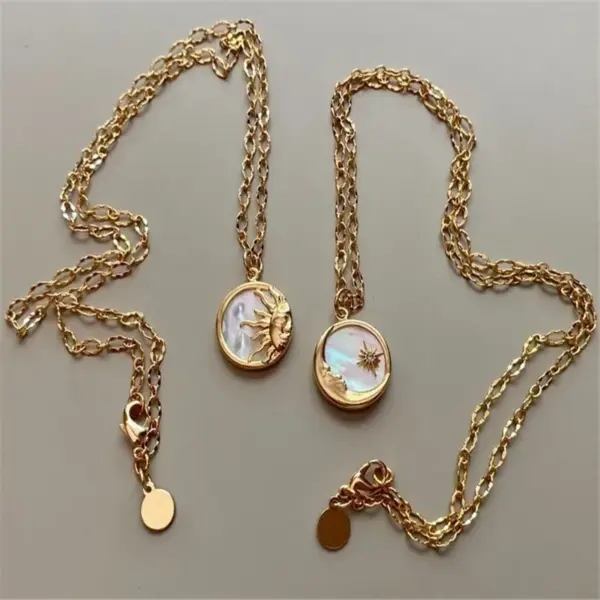 Wholesale Jewelry Ethnic Style Sun And Moon Totem Stainless Steel Natural Fritillary Inlay Pendant Necklace