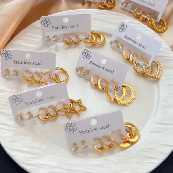 Wholesale Elegant Simple Texture Stainless Steel Zirconia Stud Earrings Women's Fashion Summer Jewelry Geometric Pattern Ear Jewelry