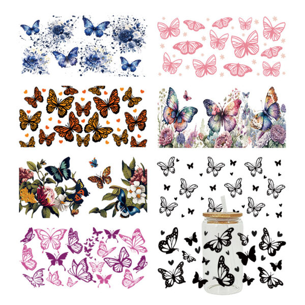 Wholesale UV transfer sticker for fluttering butterflies on glass cups, 16oz crystal glass cup.