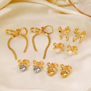 PVD Coated 18K Gold Plated Heart Shape Bow Knot 304 Stainless Steel Sweet Simple Style Waterproof Non Tarnish Drop Earrings