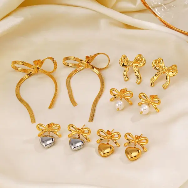PVD Coated 18K Gold Plated Heart Shape Bow Knot 304 Stainless Steel Sweet Simple Style Waterproof Non Tarnish Drop Earrings