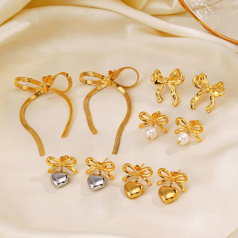 Wholesale PVD Coated 18K Gold Plated Heart Shape Bow Knot 304 Stainless Steel Sweet Simple Style Waterproof Non Tarnish op Earrings